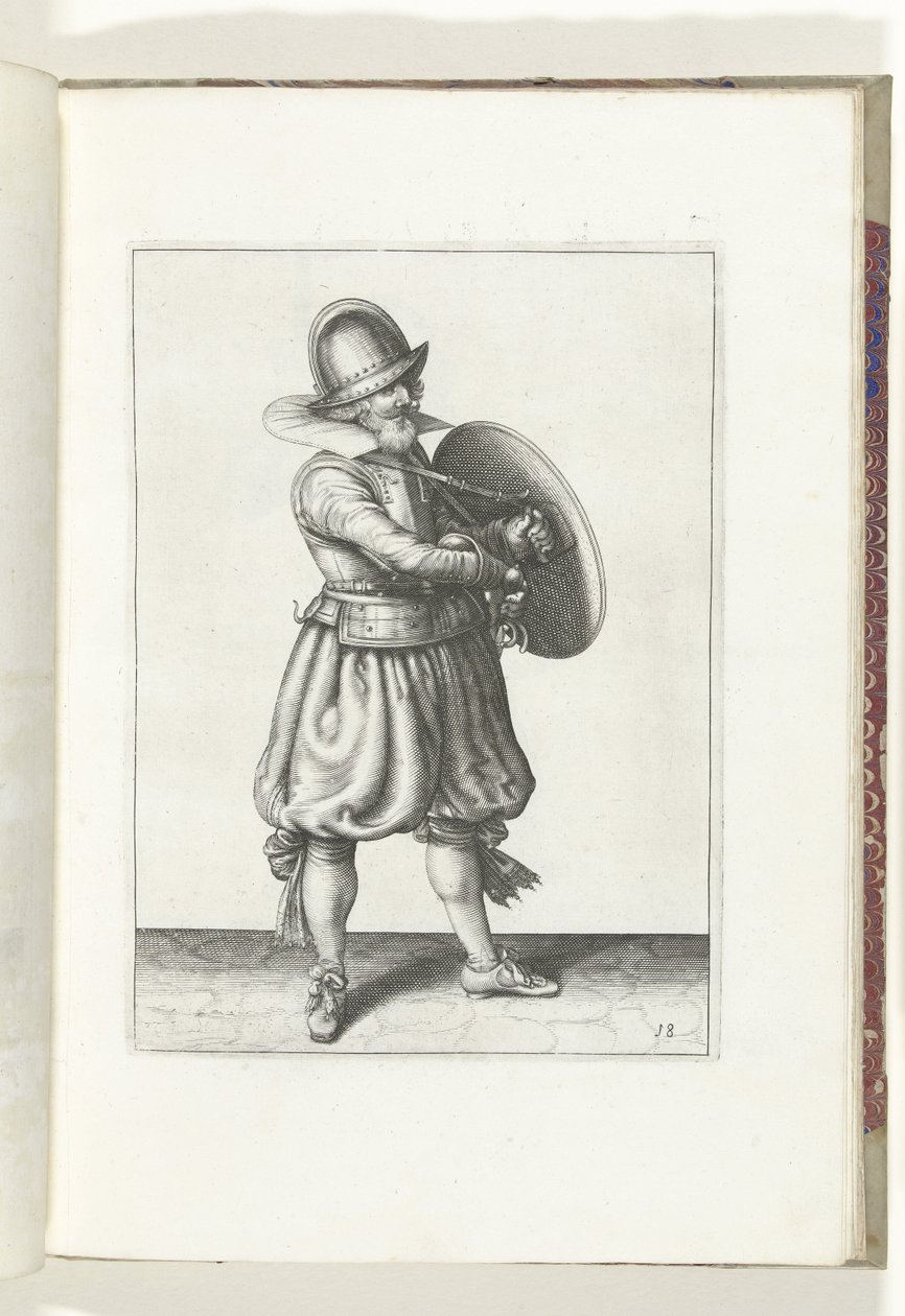 盾と槍の演習: 兵士が盾の後ろからレイピアを抜く (No. 18), 1618 Nassausche Wapen-Handelinge、van Schilt、Spies、Rappier ende Targe : フィギュアで描かれ、[of] (...) Maurits v の新しい順序に従ってポーズをとった 作： アダム・ファン・ブリーン