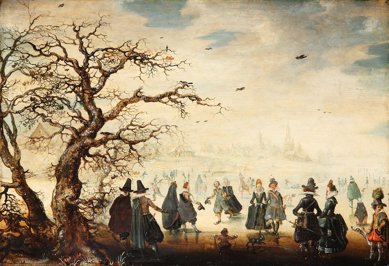 ドイツ語：Wintervergnügen アイススケートをする優雅な人物のいる冬景色 作： アダム・ファン・ブリーン
