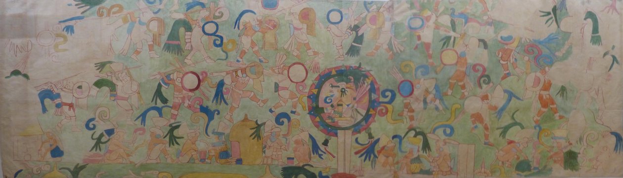 チチェンイツァのジャガーの寺院の南西側の壁画の一部。ブリストル美術館とアートギャラリーのコレクションで、1907年頃にチチェンイツァでアデラブルトンが描いた水彩画から 作： アデラ・ブレトン