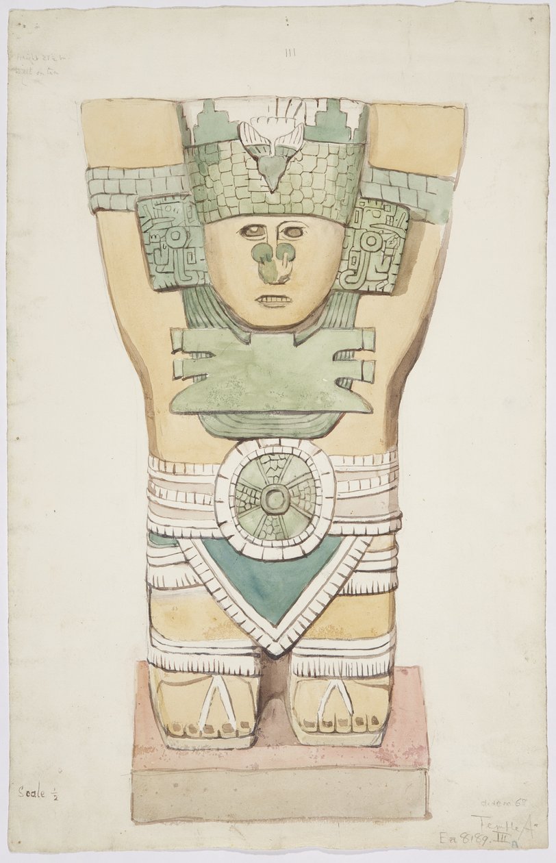 メキシコ、チチェン・イッツァ、ジャガーの上部神殿（A神殿）、外室、カリヤチッドIII（水彩画 作： アデラ・ブレトン