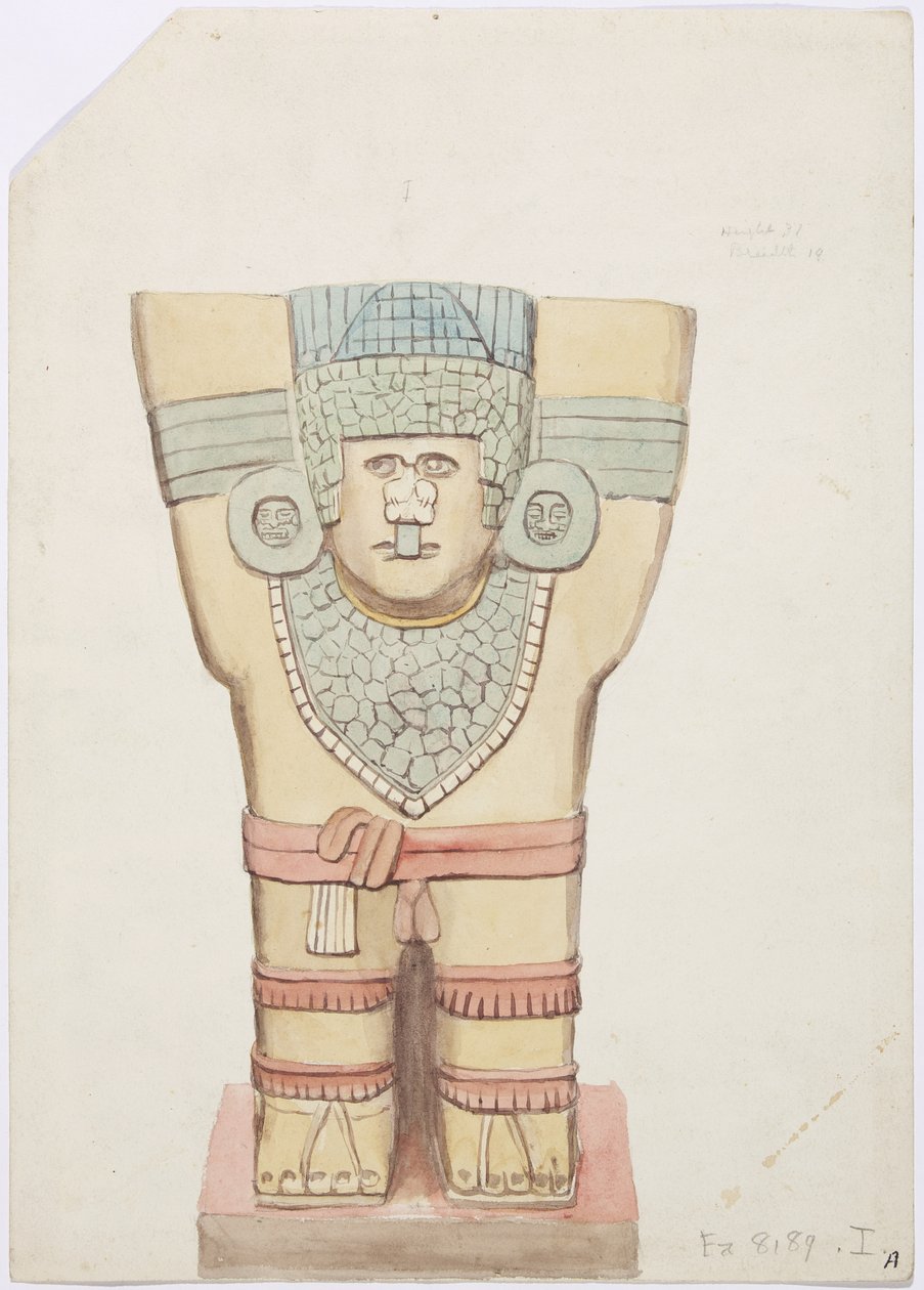 メキシコ、チチェン・イッツァ、ジャガーの上部神殿（A神殿）、外室、カリヤチッドI（水彩画 作： アデラ・ブレトン