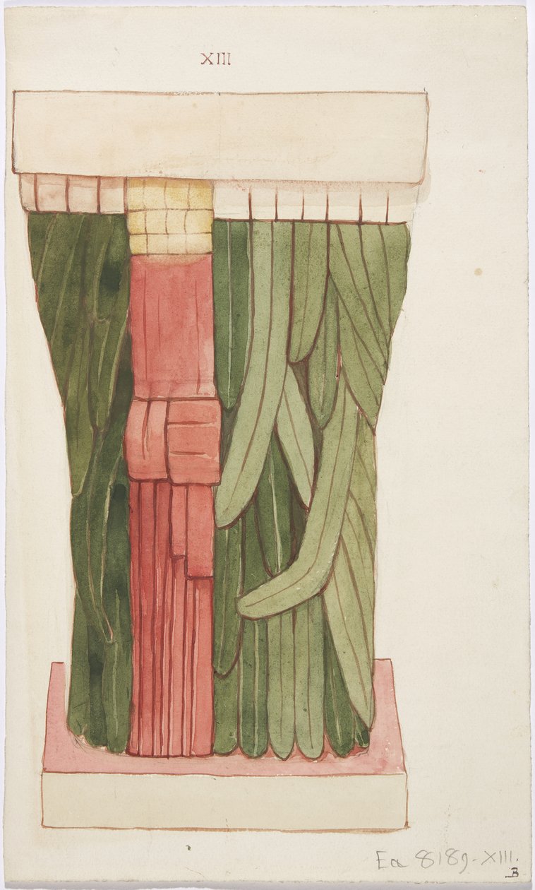メキシコ、チチェン・イッツァ、ボール・コート神殿、神殿A、外室のカリアティッド（水彩画 作： アデラ・ブレトン
