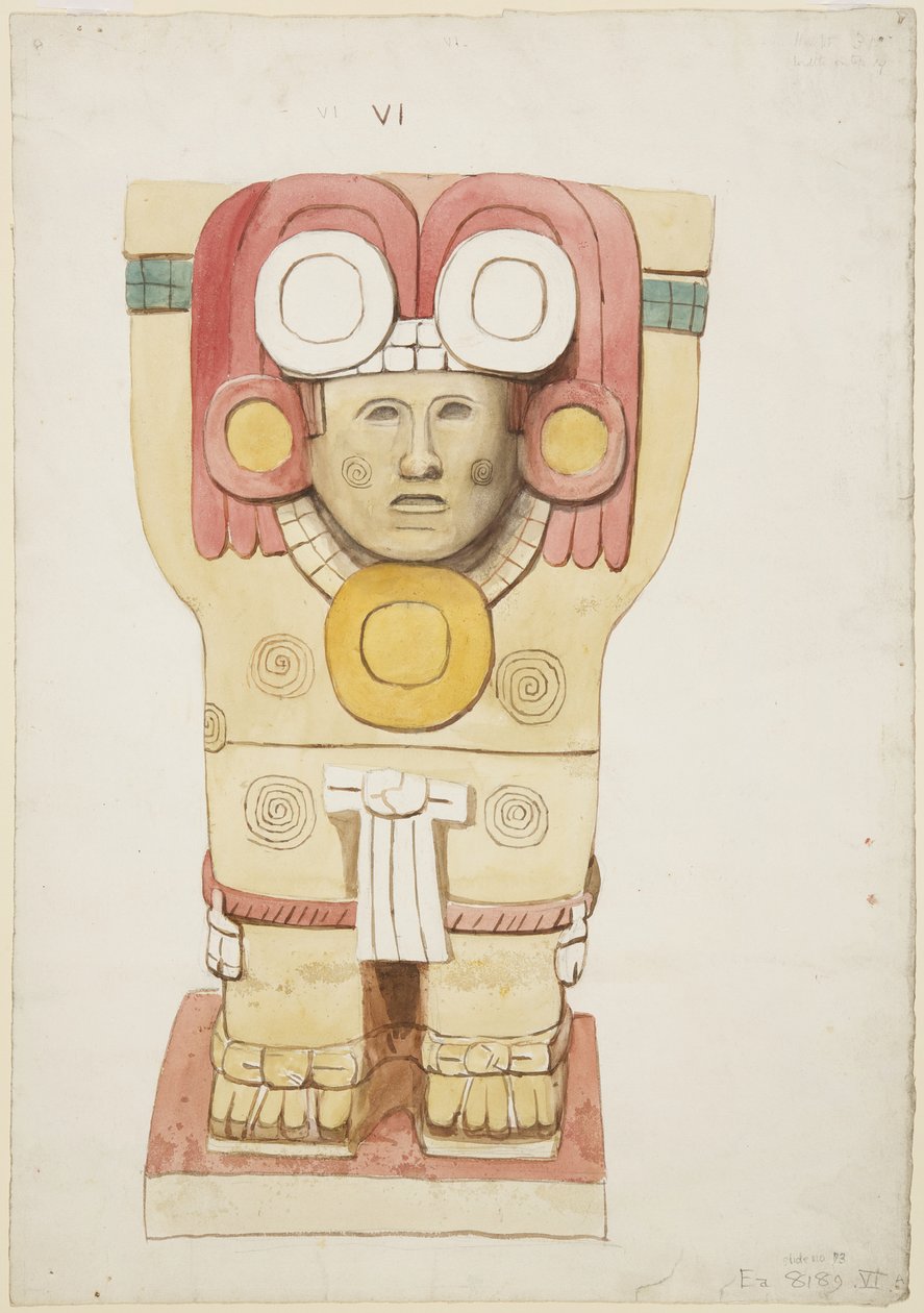 メキシコ、チチェン・イッツァ、神殿A、球技場、外室のカリアティッド（水彩画 作： アデラ・ブレトン