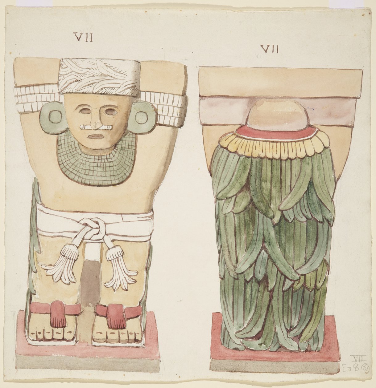 メキシコ、チチェン・イッツァ、神殿A、球技場、外室のカリアティッド（水彩画 作： アデラ・ブレトン