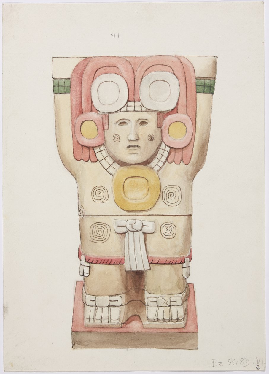 メキシコ、チチェン・イッツァ、神殿A、球技場、外室のカリアティッド（水彩画 作： アデラ・ブレトン