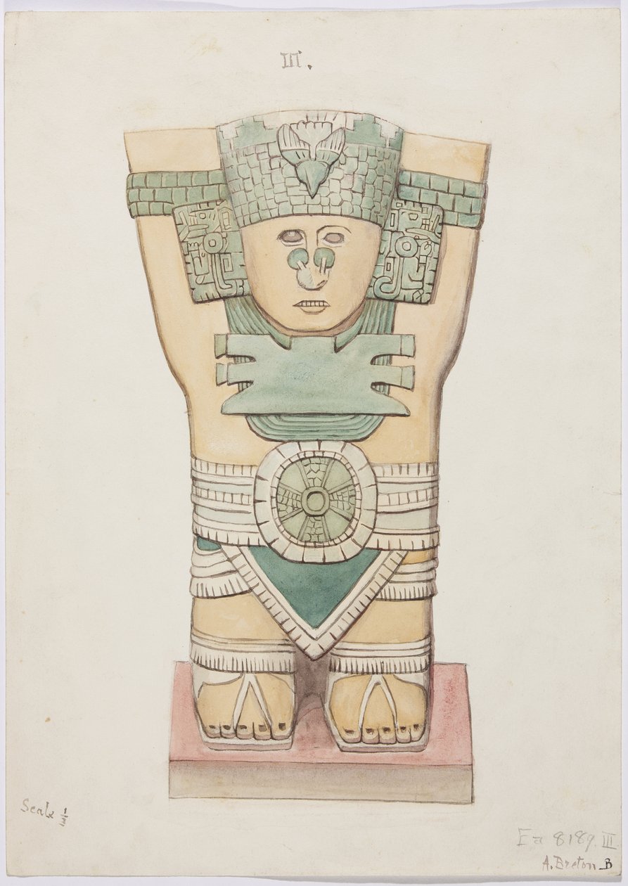 メキシコ、チチェン・イッツァ、神殿A、球技場、外室のカリアティッド（水彩画 作： アデラ・ブレトン