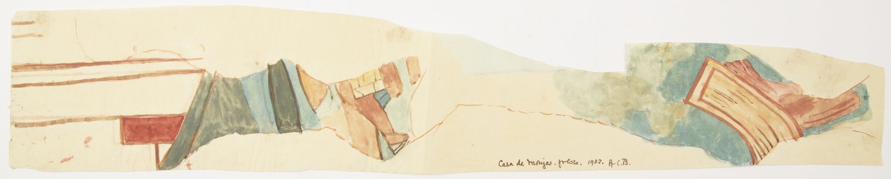 メキシコ、ユカタン州、チチェン・イッツァの「カサ・デ・ラス・モンハス」の壁画の断片のコピー 水彩画（水彩画 作： アデラ・ブレトン