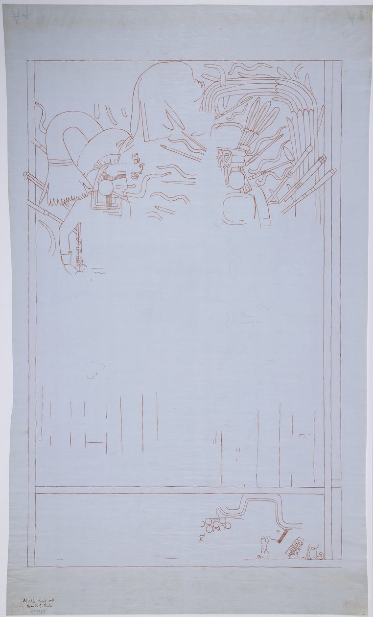 メキシコ・チチェン・イッツァ「ジャガーの上の神殿」東壁に描かれた壁画のコピー
 (赤インクと黒鉛で描かれた壁画) 作： アデラ・ブレトン