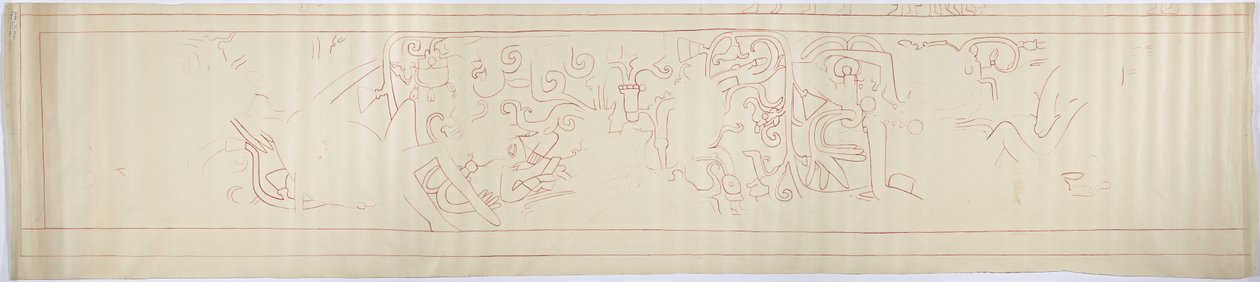 メキシコ、チチェン・イッツァ、ジャガーの上部神殿、西壁に描かれた壁画のアウトライン・トレース（赤インク、黒鉛 作： アデラ・ブレトン