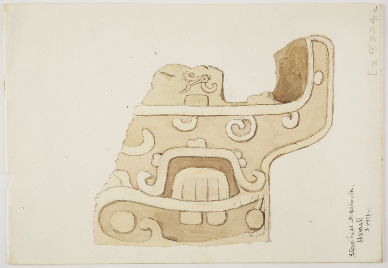 メキシコ・ウクスマル神殿の遺跡／石のレリーフ 石の彫刻の一部を描いたもの（水彩画 作： アデラ・ブレトン