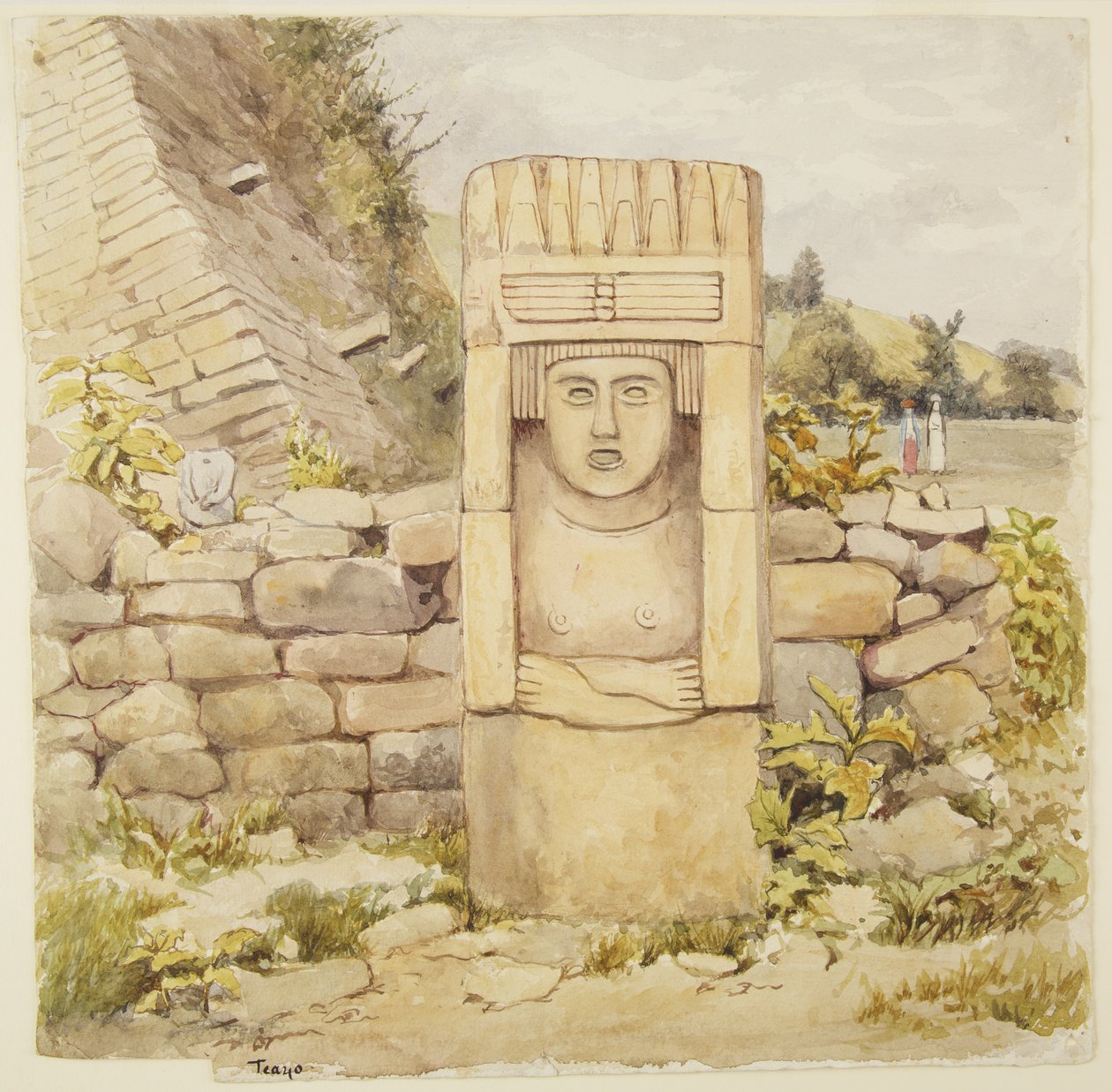 メキシコ・ベラクルス州北部、テアヨの像 胸と腕を組んだ石像を示す（水彩画 作： アデラ・ブレトン
