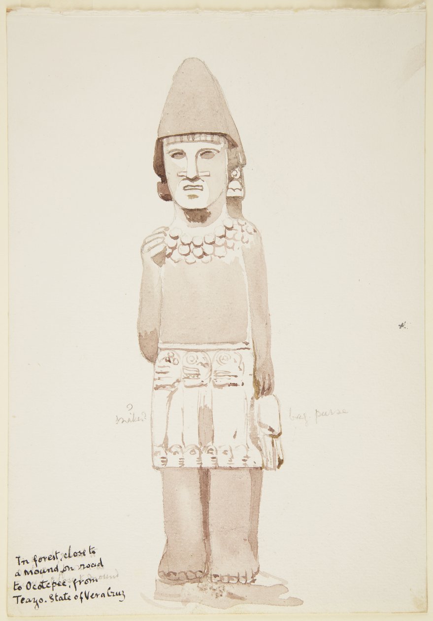 メキシコ・ベラクルス州北部、テアヨの像 キルトを着た男性像の石像を示す（水彩画 作： アデラ・ブレトン