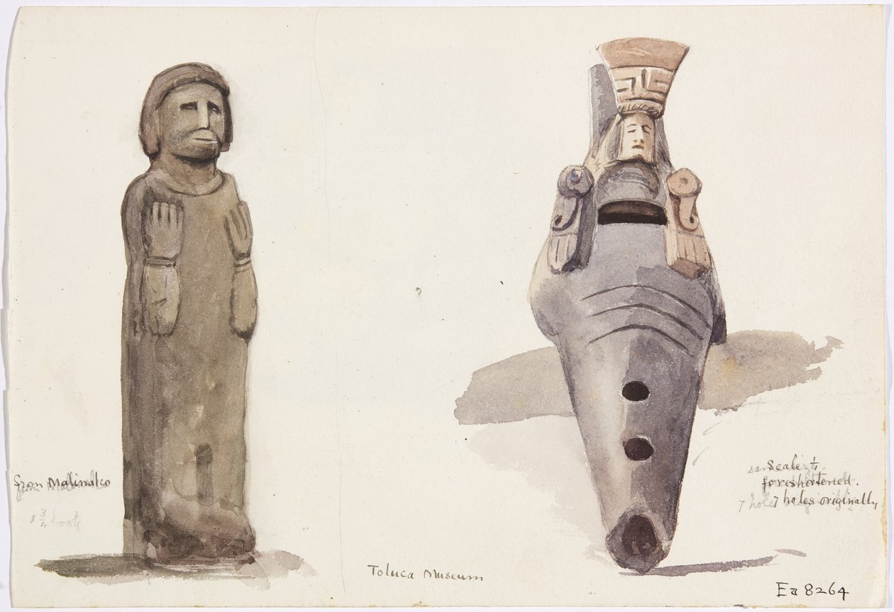メキシコ、トルーカ、マリナルコの石像（水彩画 作： アデラ・ブレトン