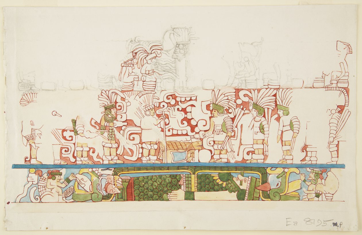 メキシコ、チチェン・イッツァ、北棟C、ボール・コート、北壁中央の石製レリーフ（水彩画 作： アデラ・ブレトン