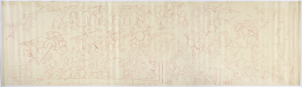 メキシコ、チチェン・イッツァ、ジャガーの上部神殿、西壁の壁画のトレース（赤インク 作： アデラ・ブレトン