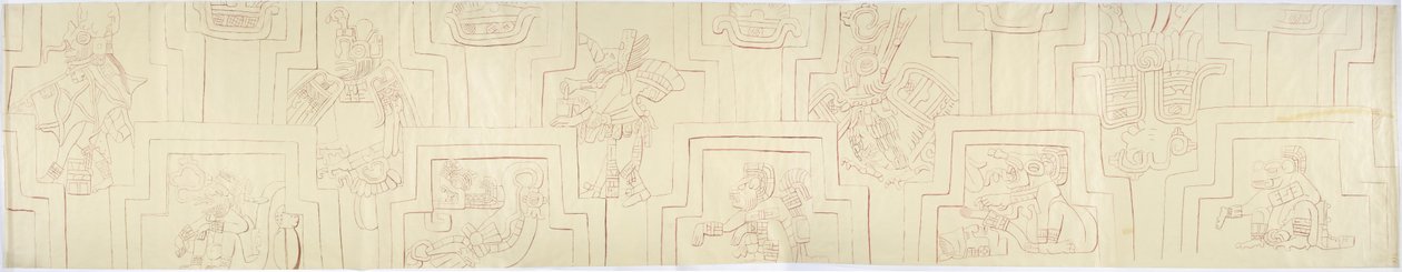 描かれたレリーフのトレース メキシコ、アカンセの墳墓またはピラミッドのファサードに描かれたスタッコのレリーフから 作： アデラ・ブレトン