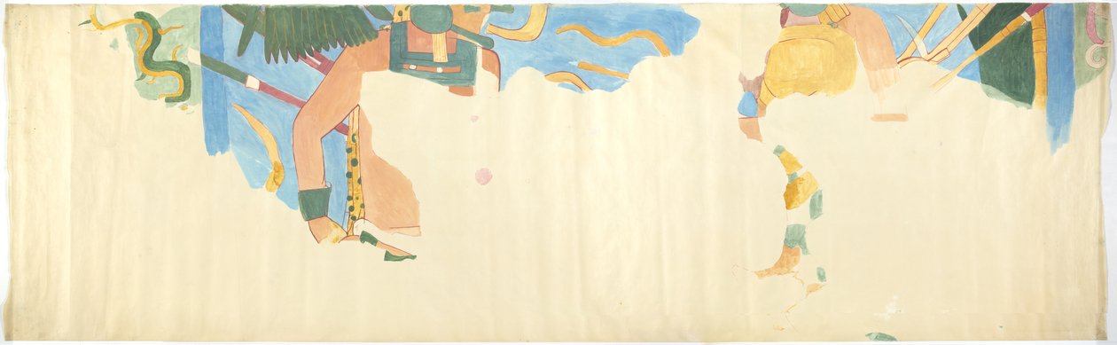 メキシコ、チチェン・イッツァの壁画のトレース 東壁、内側中室、ジャガーの上の神殿、大球技場より
 (水彩、ボディカラー、グラファイト) 作： アデラ・ブレトン
