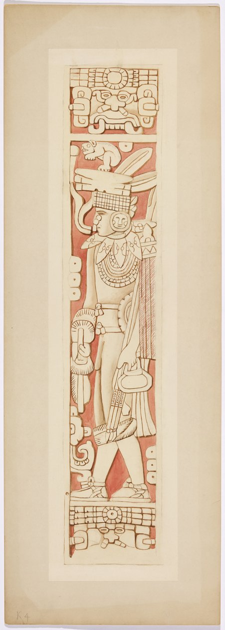 ジャガーの上の神殿の内室と外室の間の扉の縁に描かれた戦士の像（水彩画 作： アデラ・ブレトン