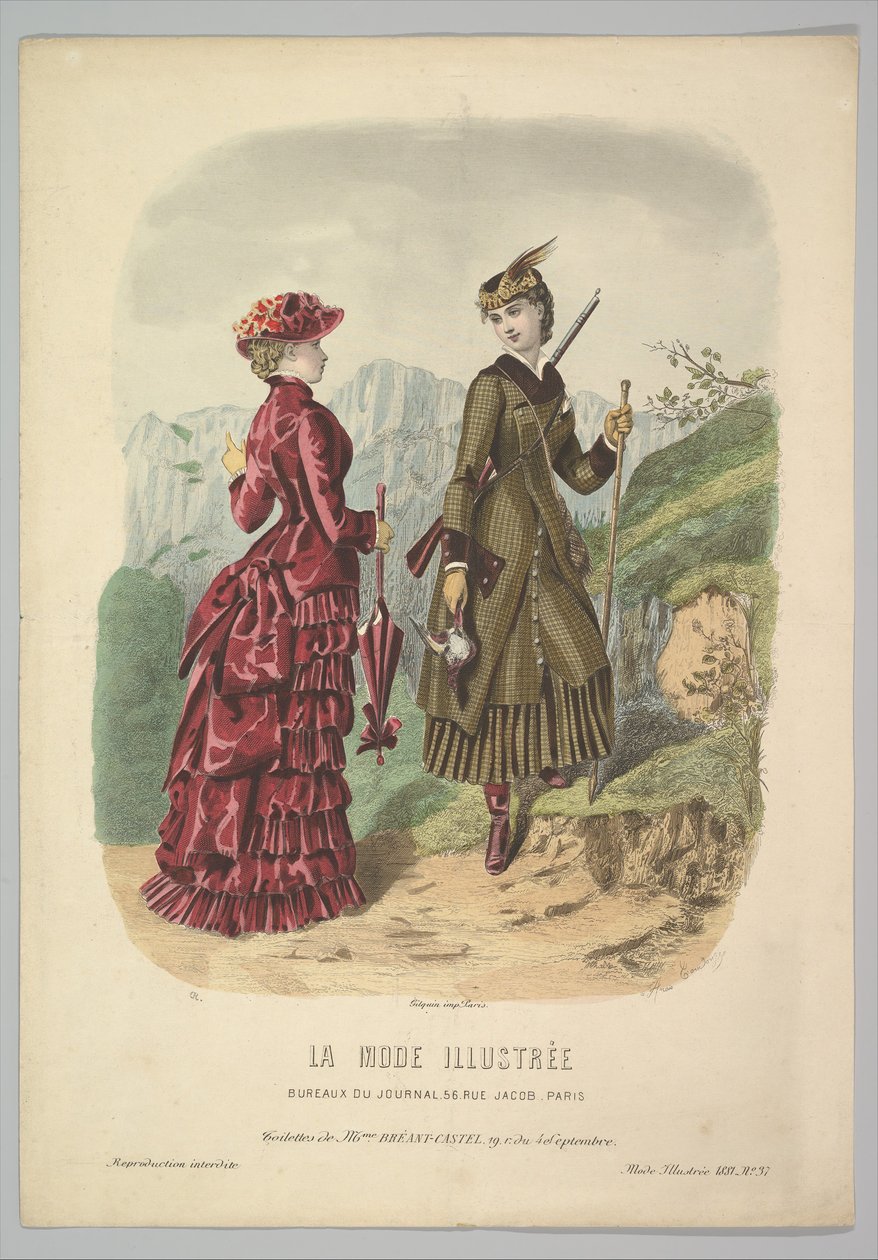 ラ・モードの山道で歩く衣装を着た女性と狩猟衣装を着た女性., 1881. 作： アデルアナイスコリン
