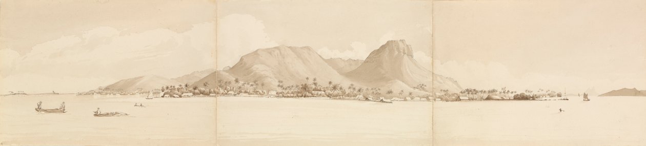 ライアテアのパノラマ、1849年9月1日。右にタハア[ソサエティ諸島]