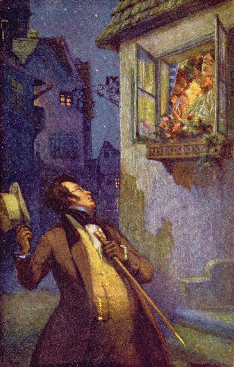 1910年頃、スコエルの3人の姉妹に挨拶するフランツピーターシューベルト（1796-1828）を描いたウィーンのポストカード 作： アドルフ・カルペルス