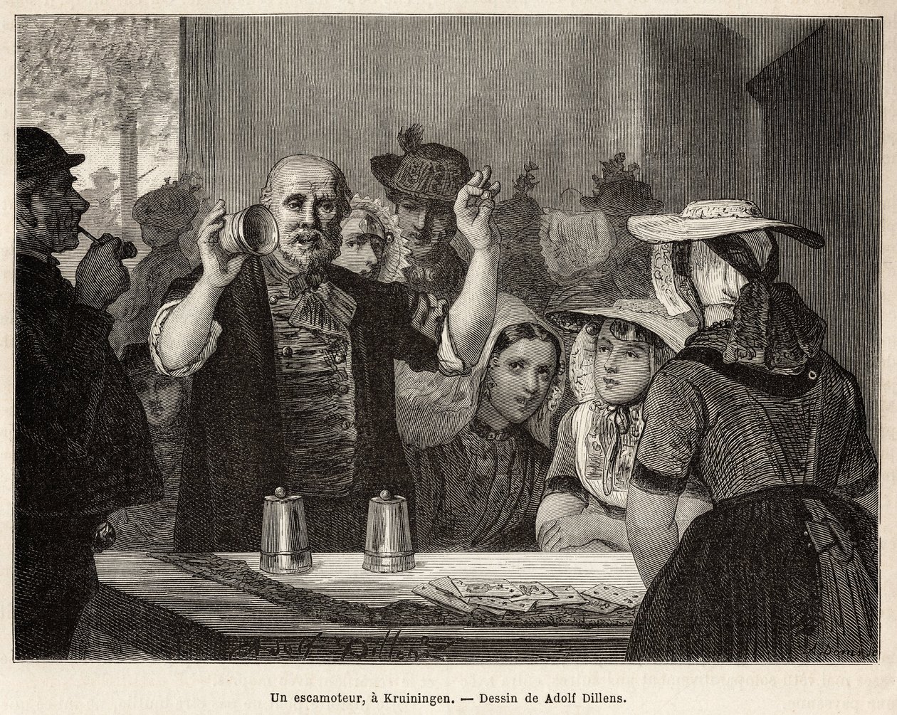 Ein Schausteller in einem Gasthaus in Kruiningen führt seine Nummer vor aufmerksamen Zuschauern auf, graviert nach der Zeichnung von Adolf Dillens, illustriert eine Reise nach Zeeland (Niederlande), 1873, von Charles de Coster, veröffentlicht in „Le tour d von Adolf Alexander Dillens