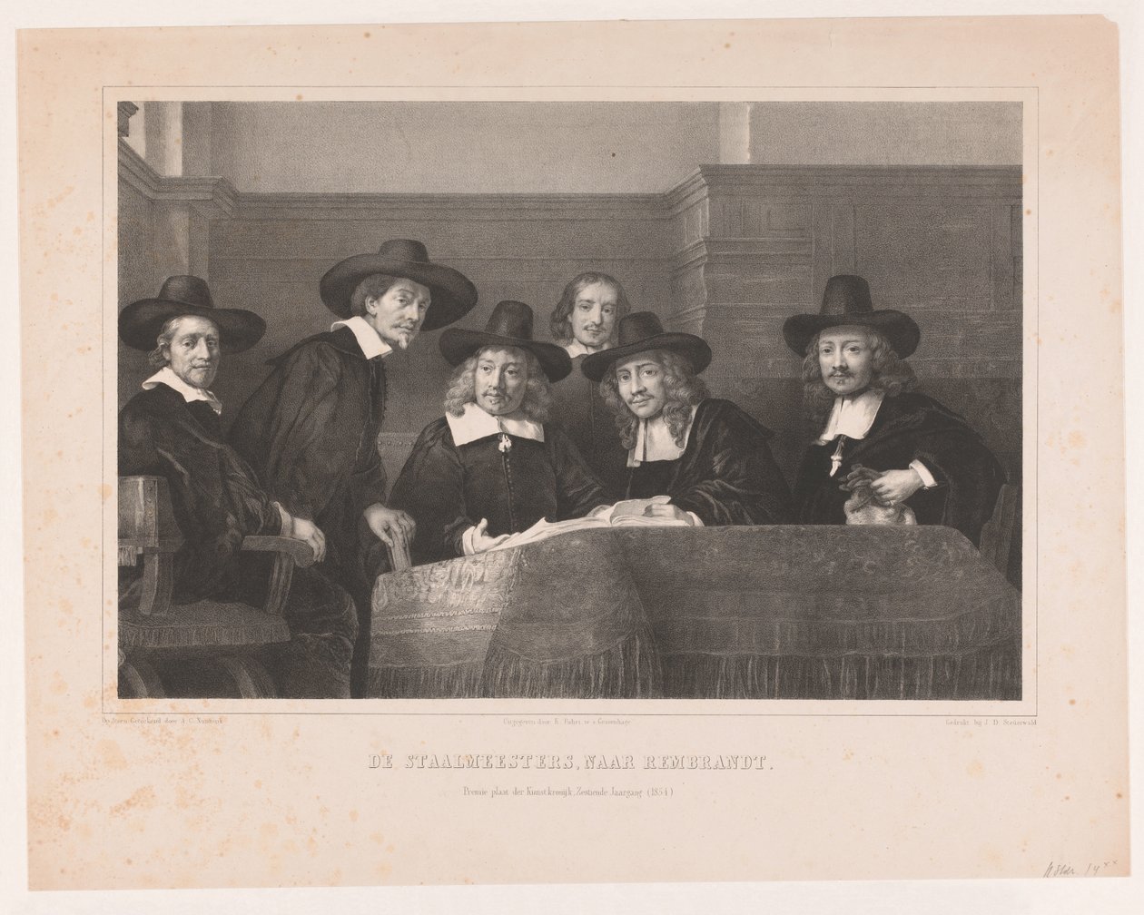 De Staalmeesters: アムステルダムの生地メーカーのギルドのスチール マスター (waarijns) の大学 De Staalmeesters, after Rembrandt / Premium plate der Kunstkronijk, 第 16 巻 (1854) (オブジェクトのタイトル) 作： アドルフ・カレル・ナンニンク