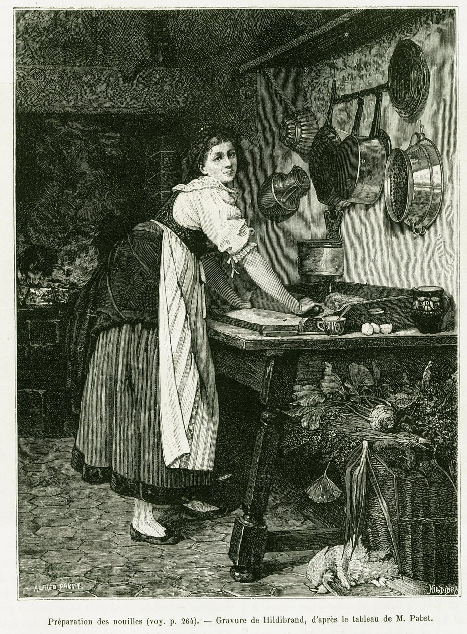 麺の準備。エドゥアール・シャルトン（1807-1890）が監督した『tour du monde 1888』の中で、ドイツ人デピューター、シャルル・グラッドが1887年に行った「A Through Alsace and Lorraine（アルザスとロレーヌを通って）」という物語を説明するために、ヒルディブランドが描いたもの。 作： アドルフ・フォン・ヒルデブラント