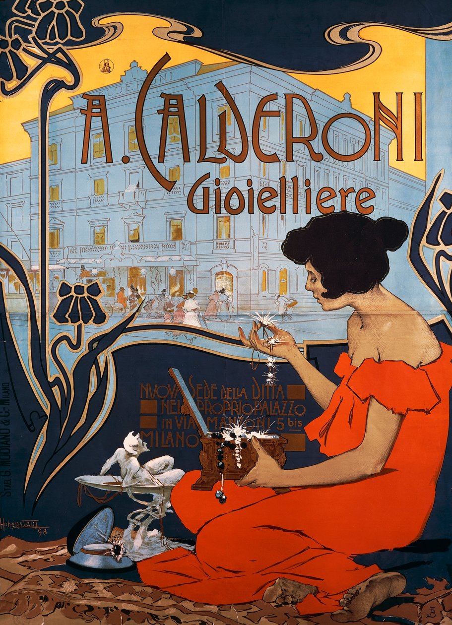 ミラノのCalderoni Jewelersの広告ポスター 作： アドルフ・ホーヘンシュタイン