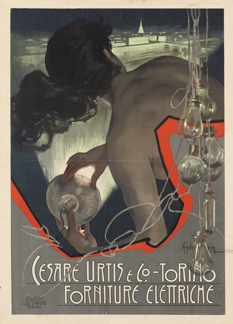 1889年にトリノのイタリアの照明供給会社Cesare Urtis＆Co.のために制作された広告ポスター 作： アドルフ・ホーヘンシュタイン