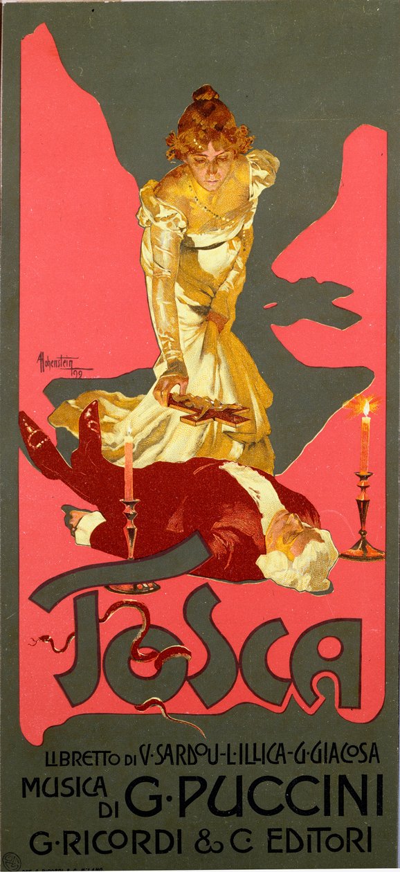 ジャコモ・プッチーニ(1858-1924)のオペラ「ラ・トスカ」のリバティ様式のポスター 1906年 Dim.30x13.5 cm イラスト：Adolfo Hohenstein (1854-1928) ミラノ 個人蔵 作： アドルフ・ホーヘンシュタイン