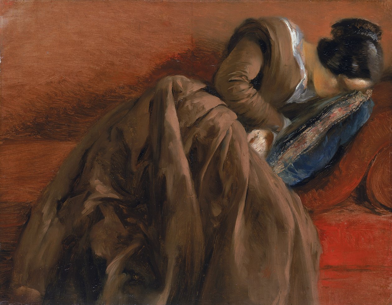 エミリー、芸術家の姉妹、眠り、c.1848（キャンバスにマウントされた紙に油彩） 作： アドルフ・メンゼル