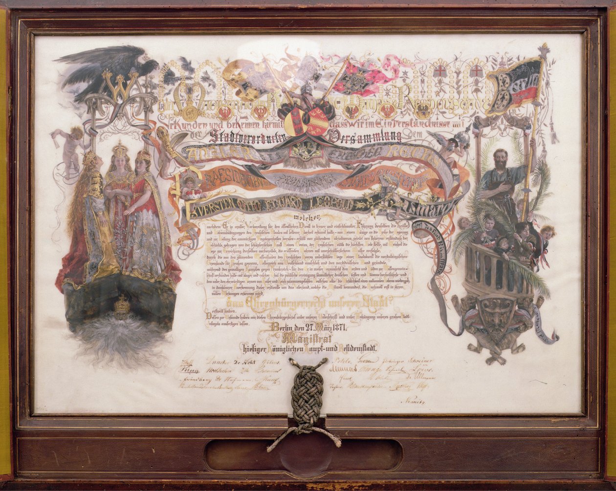 1871年3月27日、ベルリンのフリーマンを認める手紙（インク、水彩、紙の上の金箔） 作： アドルフ・メンゼル