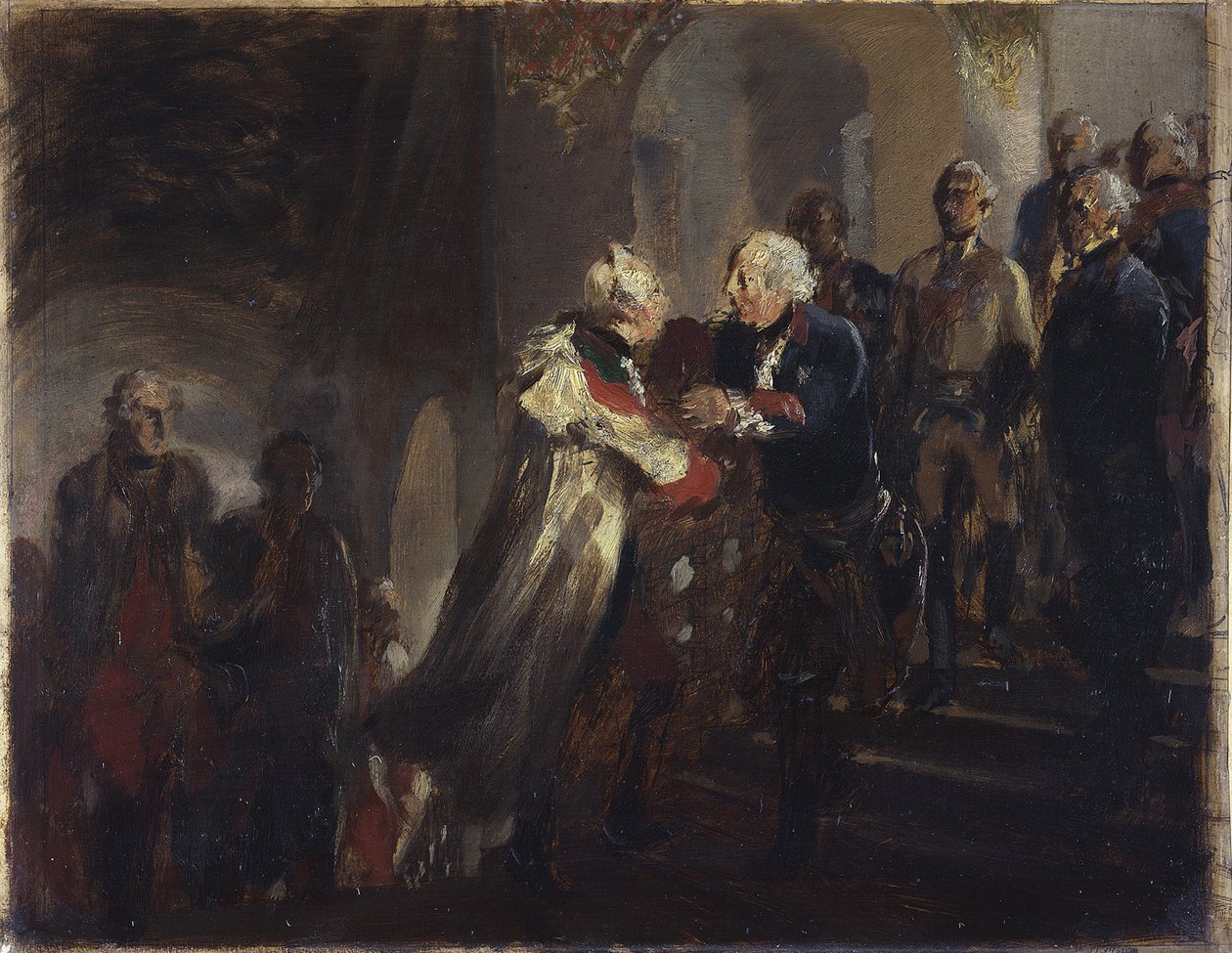 1769年、ナイサにおけるフリードリヒ2世と皇帝ヨーゼフ2世の会見。素描 作： アドルフ・メンゼル