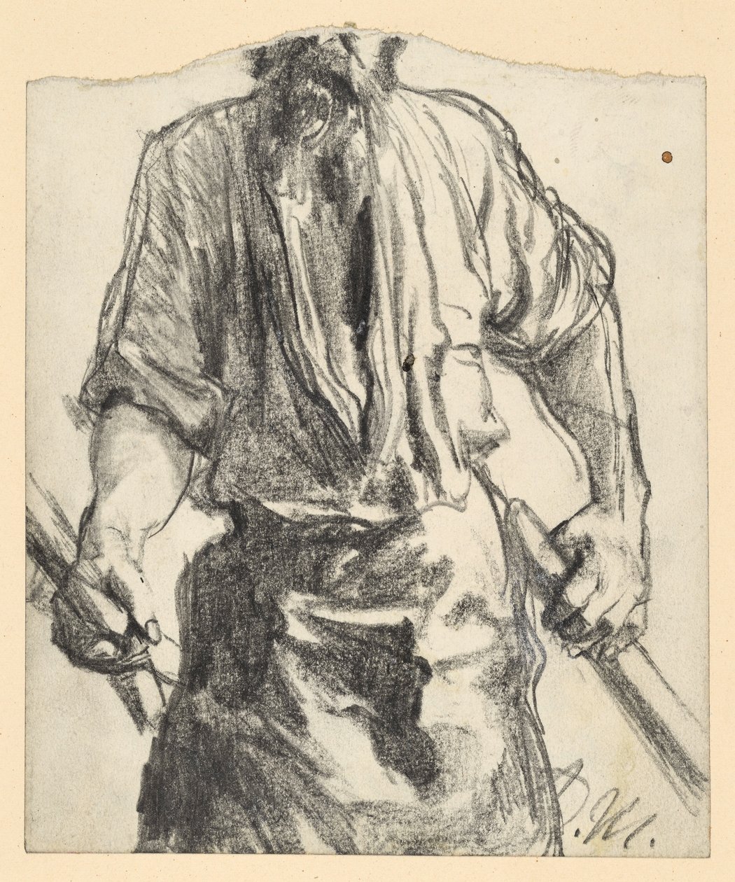 エプロンを身につけ、手に木片を持った鉄工。作品『鉄圧延工場。現代のキュクロープス』の習作 作： アドルフ・メンゼル