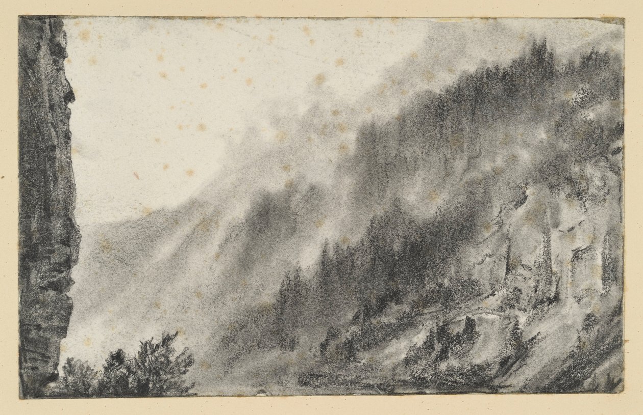 霧が立ち込める山岳風景、左側にはそびえ立つ岩壁 作： アドルフ・メンゼル