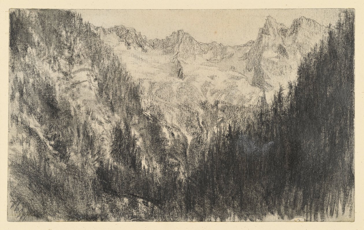 前景にモミの森がある高山 作： アドルフ・メンゼル