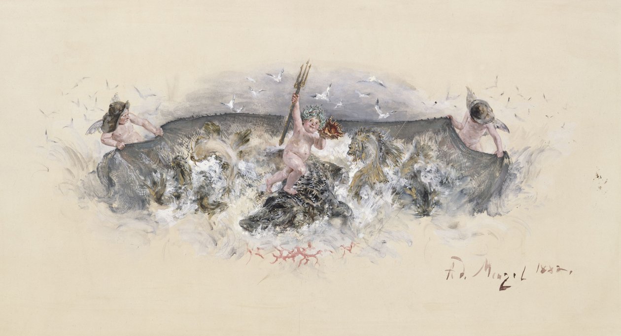皇太子夫妻の銀婚式の食器セットにある魚皿の装飾案 作： アドルフ・メンゼル