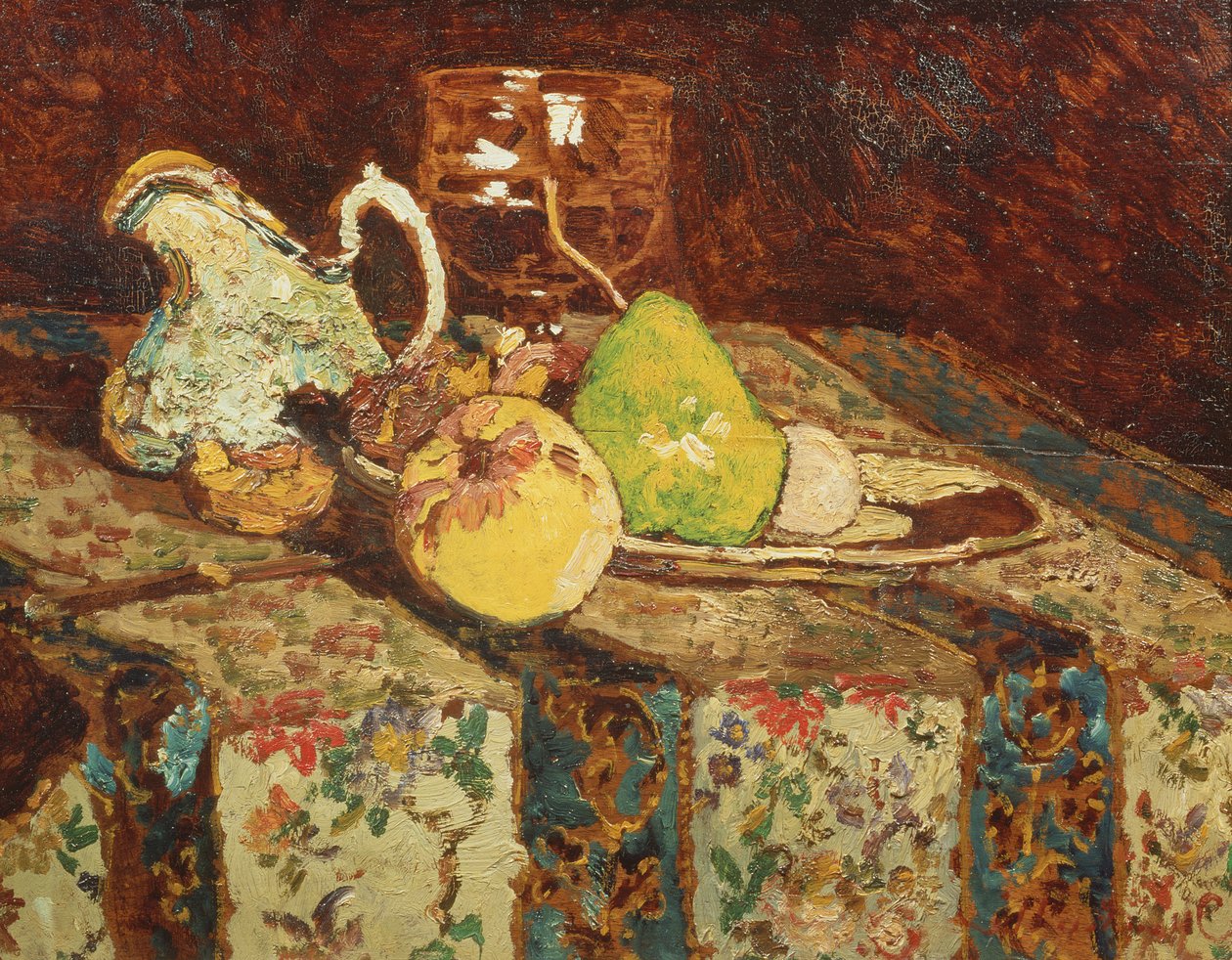 ホワイトピッチャーのある静物、c.1878-80（パネル） 作： アドルフ・ジョセフ・トーマス・モンティセリ