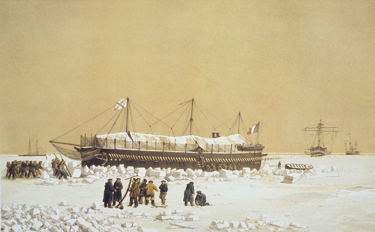 ユージーンチセリ（1813-90）によって刻まれた、ルリーマンデュドニエプルのNos Souvenirs de Kil-BourounのペンダントLHiver passeから、キルブールーンの前の氷に浮かぶLa Tonnanteフローティングバッテリー（1813-90）c.18 作： アドルフ・ジャン・バプティスト・バヨとアントワーヌ・レオン・モレル・ファティオ