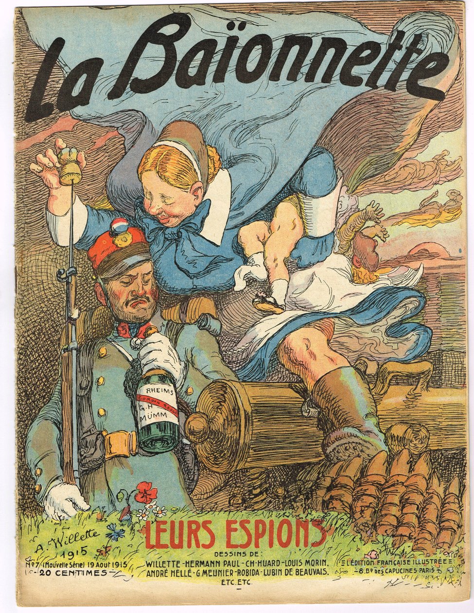 カラーで描かれた風刺的な「La Baionnette」の表紙 作： アドルフ・レオン・ウィレット
