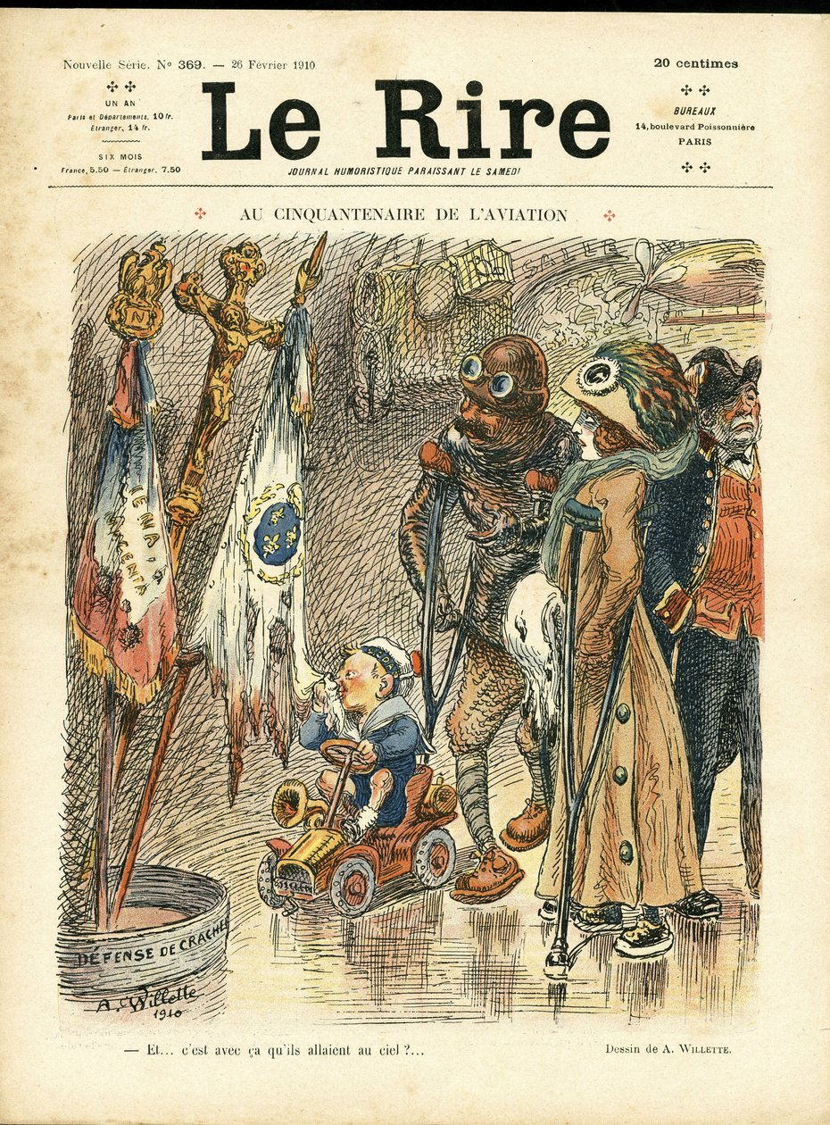 2010年2月26日付「Le Rire」誌の表紙に掲載されたAdolphe dit Willette（1857-1926）のイラスト - 航空50周年記念にて - 航空、ファッション、帽子、事故、災害 作： アドルフ・レオン・ウィレット
