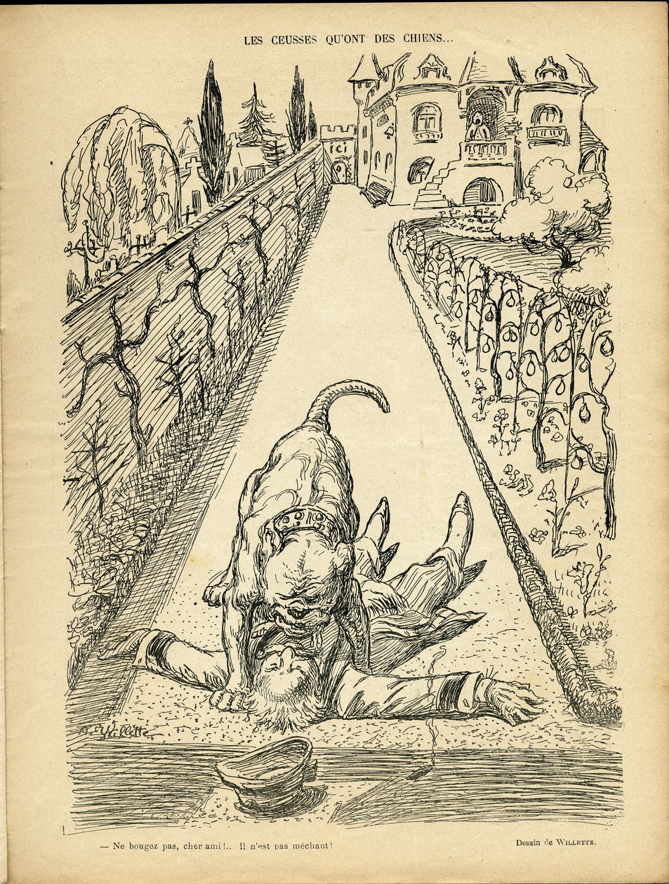 Adolphe dit Willette (1857-1926) のイラスト（Le Rire, 27/02/09） - Les ceusses que on des chiens - 建築・アーバニズム・動物 - 犬・Pitt-Bull 作： アドルフ・レオン・ウィレット