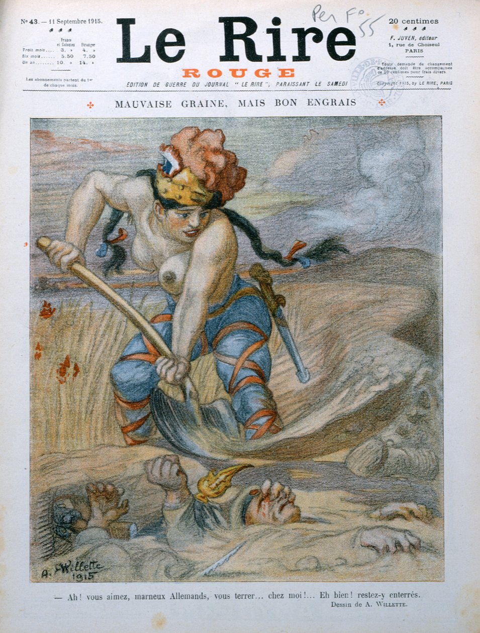 1915年9月11日、雑誌「Le Rire Rouge」からの風刺漫画、Marne Trenchesでドイツの兵士を埋めるマリアンヌ 作： アドルフ・レオン・ウィレット