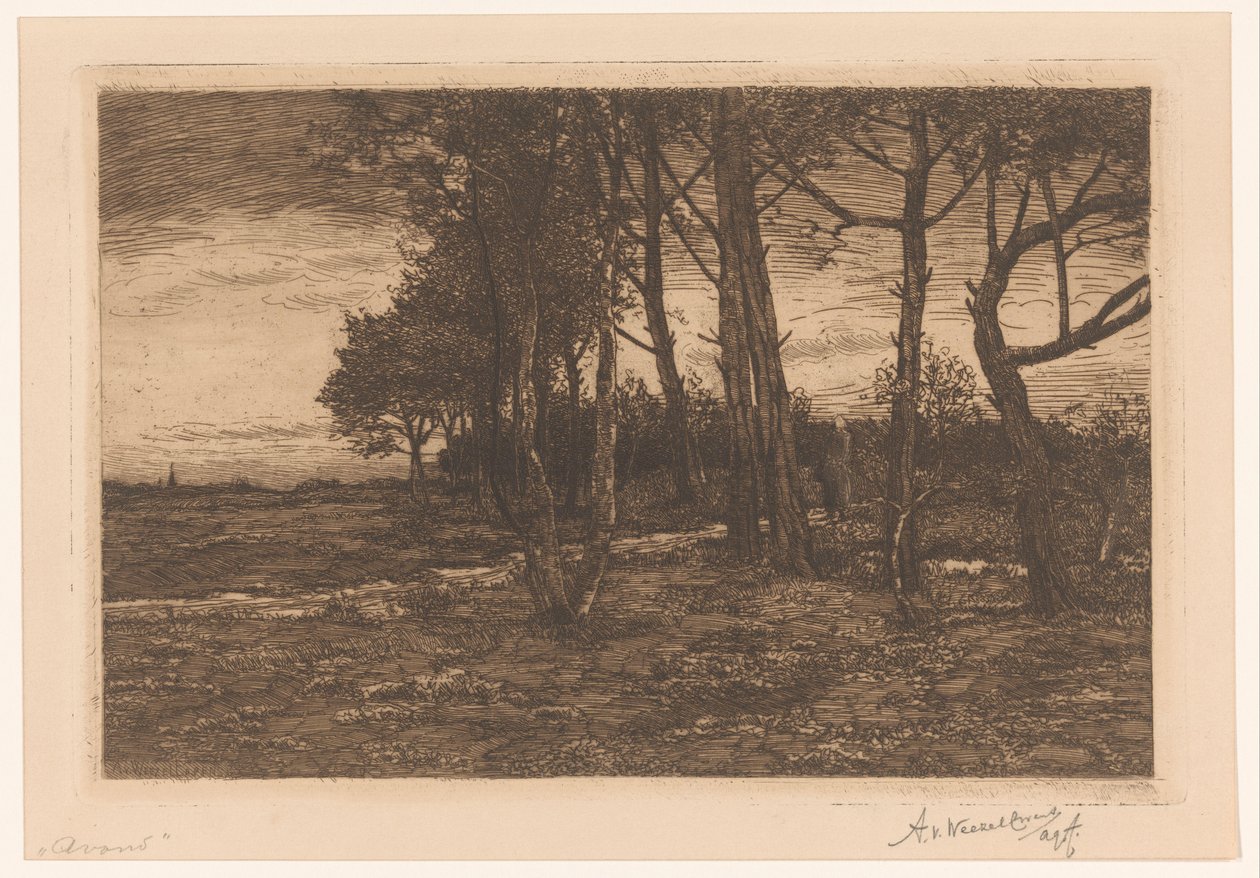 木々のある風景 夕方（オブジェクトのタイトル） 作： Adolphe PH J. van Weezel Errens（アーティストによる署名）