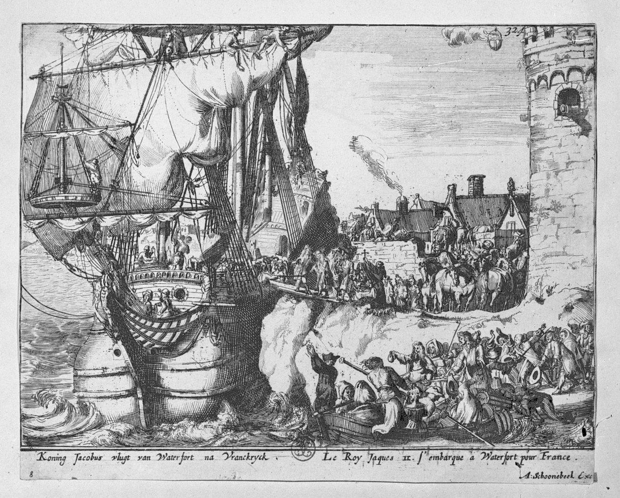1690年のボインの戦いでの敗北後、ジェームズ王はアイルランドを去る 作： アドリアーン・スクーネベーク