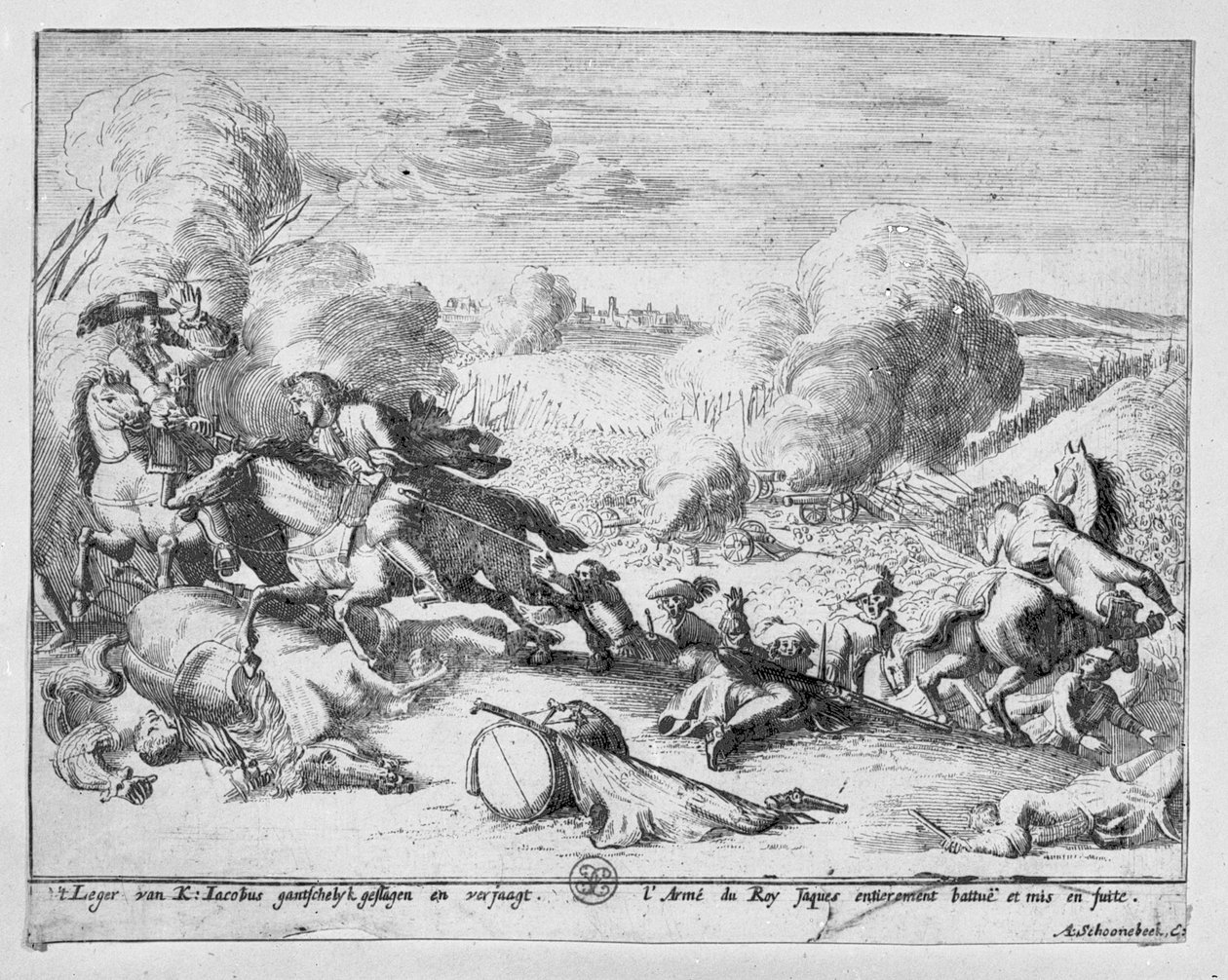 ジェームズ王軍はボインの戦いで敗北し、1690年に逃亡 作： アドリアーン・スクーネベーク