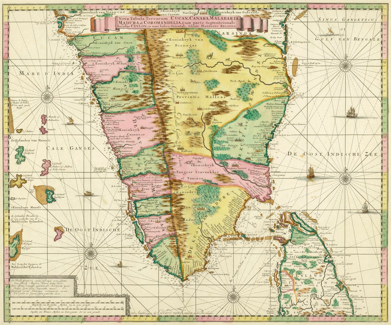 1720年頃にオランダの地図製作者Adriaan Relandによって作成された後の南インドとセイロンの地図 作： アドリアン・リランド