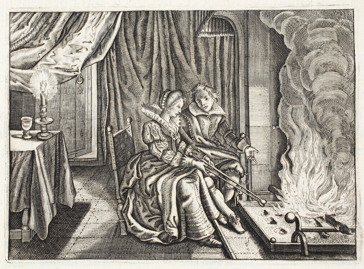 考えて、ヨハネス・ド・ブルーヌ（1589-1658）による「ジンネ・ヴェルクの紋章」からのイラスト、ヤン・ジェイコブス・シッパー、アムステルダム、1661 作： アドリアーン・ピーテルス・ファン・デ・ヴァン