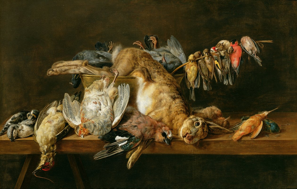 死んだ鳥とテーブル上のウサギの静物、1647 作： アドリアーン・ファン・ユトレヒト